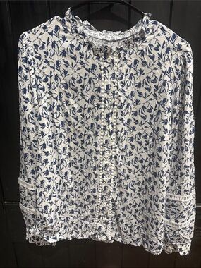 Women’s White Blouse with Blue Floral Print and Ruffle Trim